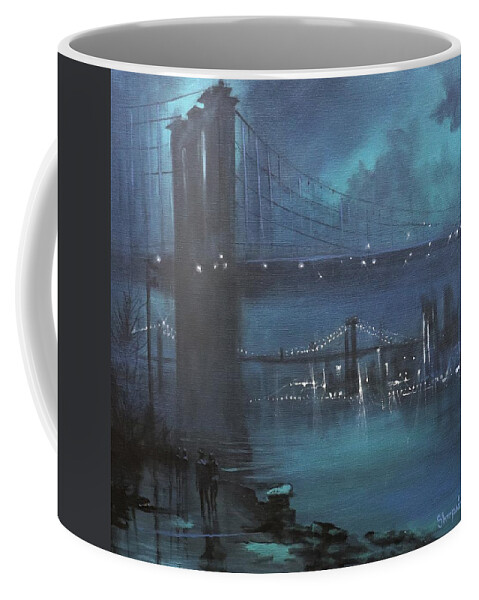 Brooklyn Bridge Coffee Mug featuring the painting Brooklyn Bridge In Fog by Tom Shropshire
