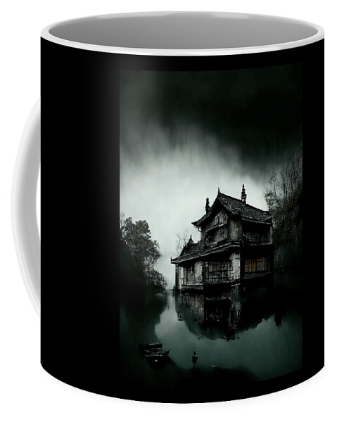 Horror Coffee Mug featuring the digital art Brothel on the Lake by Ryan Nieves