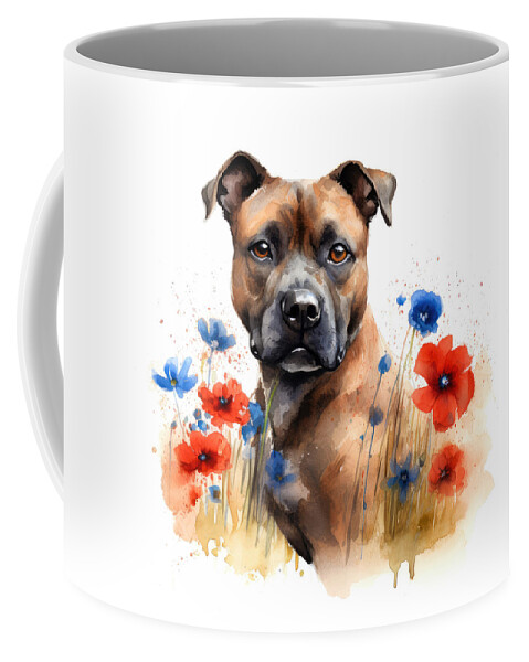 Dog Lover Coffee Mug featuring the digital art Portrait of Brown Staffordshire Terrier dog sitting in a field of wildflowers by Carl H Payne