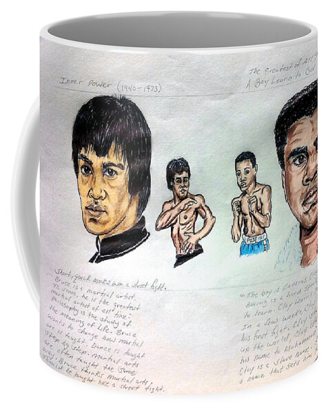  Coffee Mug featuring the drawing Bruce Lee with Muhammad Ali by Joedee