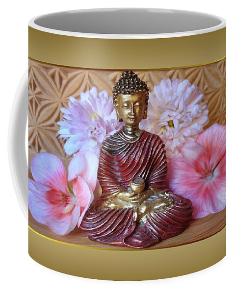 Buddha Coffee Mug featuring the photograph Buddha and Flowers by Nancy Ayanna Wyatt