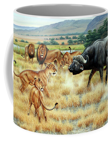 Cynthie Fisher African Coffee Mug featuring the painting Buffalo And Lions by Cynthie Fisher
