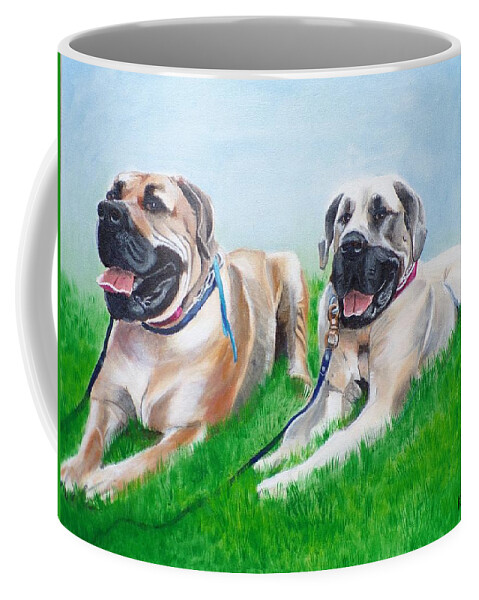 Pets Coffee Mug featuring the painting Bull Mastiffs by Kathie Camara