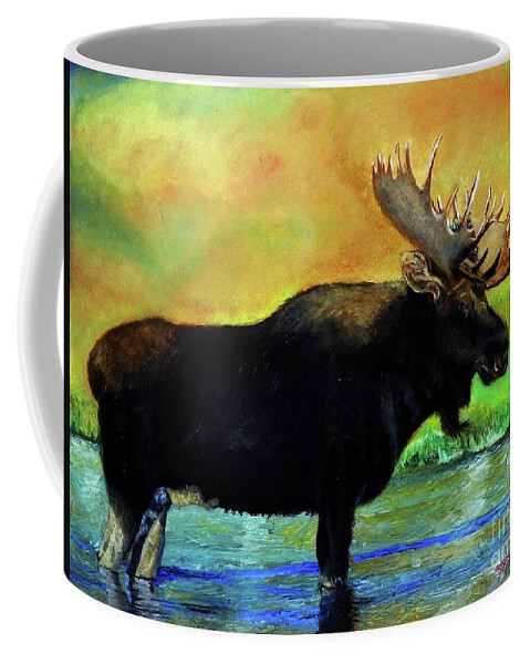 Sherril Porter Coffee Mug featuring the painting Bull Moose in Mid Stream by Sherril Porter