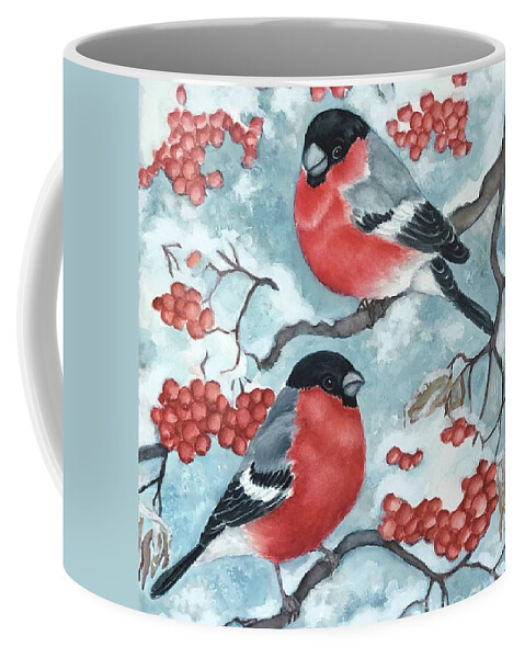 Bird Watercolor Coffee Mug featuring the painting Bullfinch Couple by Inese Poga