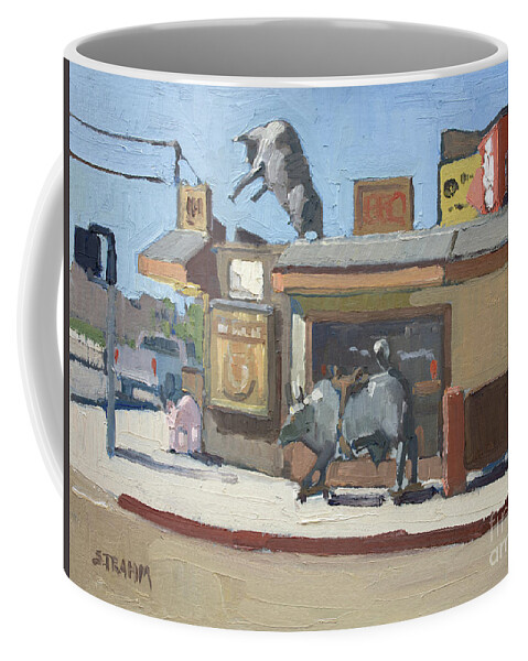 Bulls Smokin Bbq Coffee Mug featuring the painting Bull's Smokin' BBQ - San Diego, California by Paul Strahm