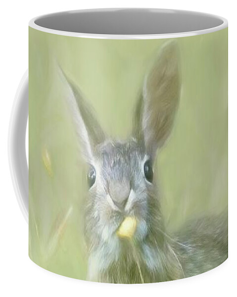 Bunny Coffee Mug featuring the photograph Bunny and Dandelion by Marjorie Whitley