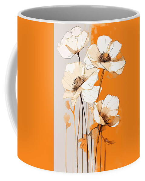 White Flowers On Burnt Orange And Turquoise Background Coffee Mug featuring the painting Burnt Orange Wall Art by Lourry Legarde