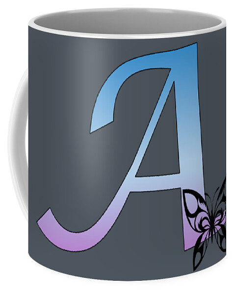 Monogram Coffee Mug featuring the digital art Butterfly Silhouette on Monogram Letter A Gradient Blue Purple by Ali Baucom