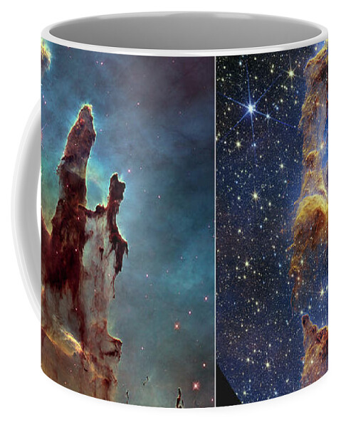 August Coffee Mug featuring the photograph Pillars of Creation, JWST and Hubble images by Science Photo Library