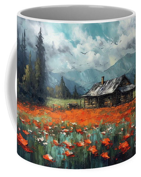 Log Cabin Coffee Mug featuring the painting Cabin In The Poppies by Tina LeCour
