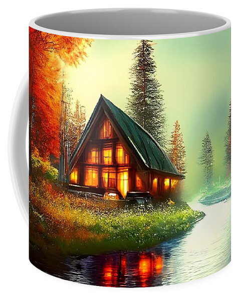 Digital Coffee Mug featuring the digital art Cabin on a River by Beverly Read