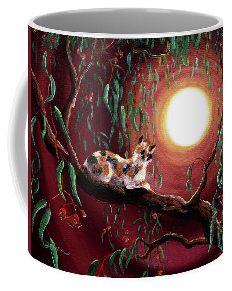 Calico Coffee Mug featuring the painting Calico Cat in Eucalyptus Boughs by Laura Iverson