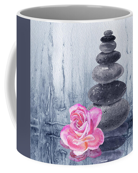 Zen Rocks Coffee Mug featuring the painting Calm Peaceful Relaxing Zen Rocks Cairn With Flower Meditative Spa Collection Watercolor Art V by Irina Sztukowski