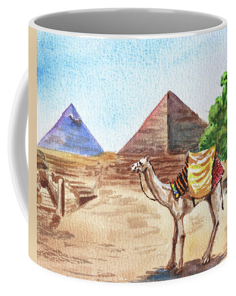 Pyramid Coffee Mug featuring the painting Camel At Giza Pyramids Egypt Watercolor by Irina Sztukowski