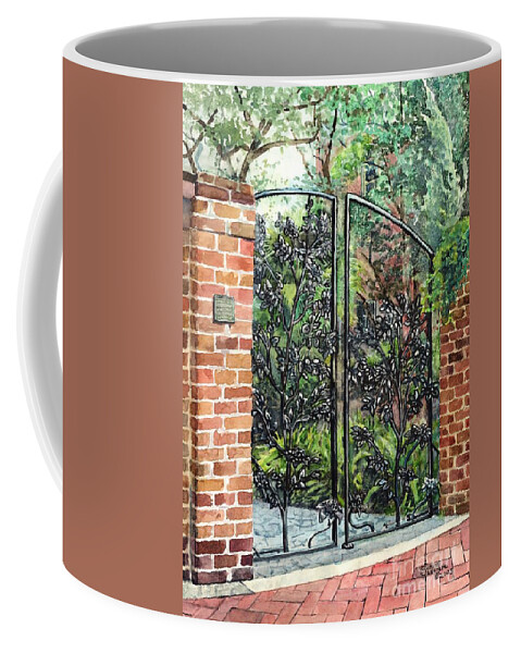 Savannah Coffee Mug featuring the painting Camellia Gate by Merana Cadorette