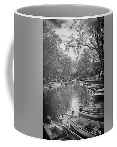 Annecy Coffee Mug featuring the photograph Canal Du Vasse Annecy France Black and White by Carol Japp
