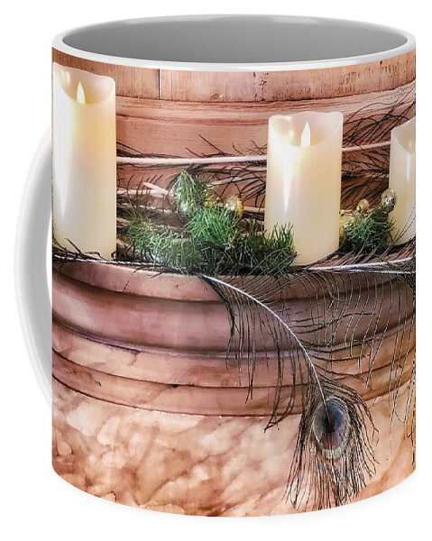 Peacocks Coffee Mug featuring the photograph Candles and Peacock Feathers by Mary Capriole