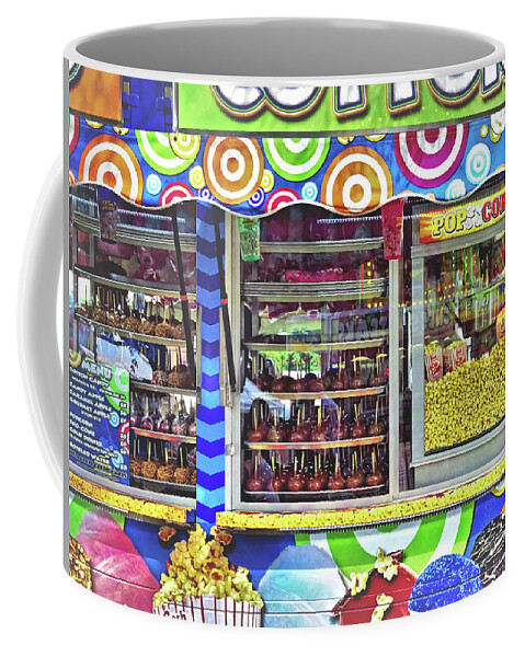 Fair Coffee Mug featuring the photograph Candy Apples and Popcorn For Sale by Susan Savad