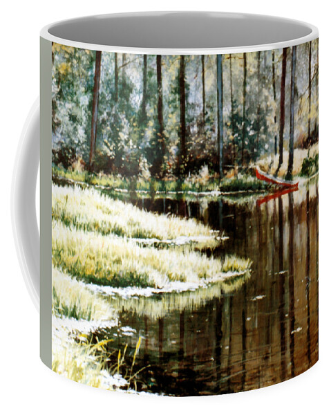 Canoe Coffee Mug featuring the painting Canoe on Pond by Randy Welborn