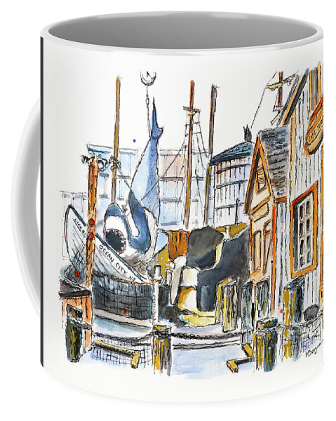 Shark Coffee Mug featuring the drawing Capt John's Boat Works NJ by Mike Bergen