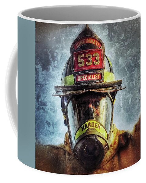Firefighter Fireman Mask Fire Helmet Specialist Cincinnati Fire Department Coffee Mug featuring the photograph Car 533 by Al Harden
