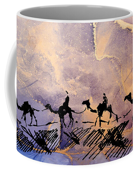 Travel Coffee Mug featuring the painting Caravan Of Camels In The Desert by Miki De Goodaboom