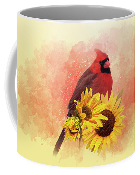 Sunflower Coffee Mug featuring the mixed media Cardinal on Sunflowers by Patti Deters