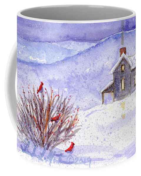 Snow Coffee Mug featuring the painting Cardinals by Linda L Martin