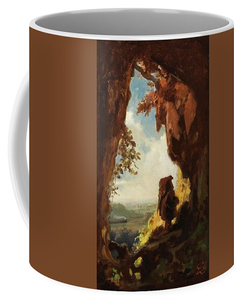  Coffee Mug featuring the painting Carl Spitzweg - Gnome watching railway train by Les Classics