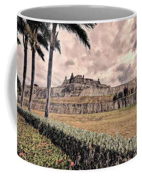 Castillo San Felipe Coffee Mug featuring the photograph Castillo San Felipe Cartagena in Charcoal by Bill Swartwout