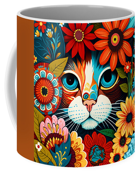 Cat Coffee Mug featuring the mixed media Cat and flowers by Binka Kirova
