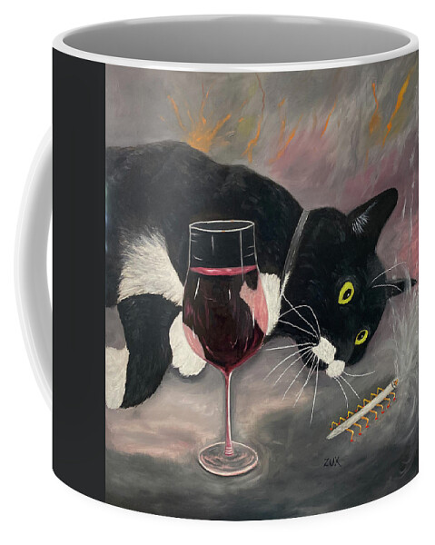 Funny Tuxedo Cat Coffee Mug featuring the painting Cat Dreaming by Karen Zuk Rosenblatt