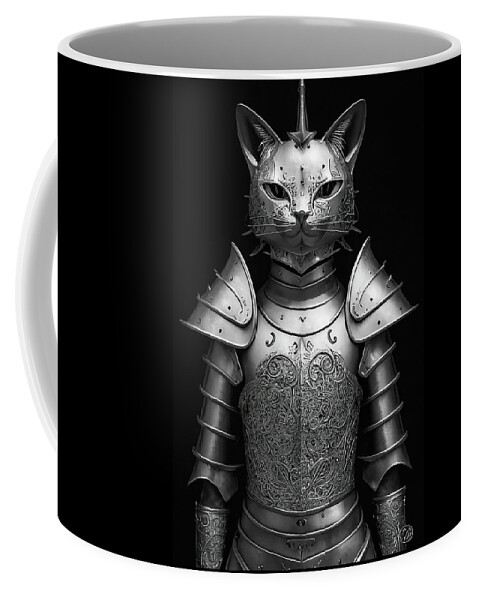 Cat Coffee Mug featuring the digital art Cat Knight Portrait 04 Black and White by Matthias Hauser