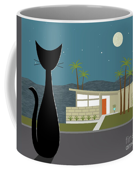 Black Cat Coffee Mug featuring the digital art Cat Looking at Mid Century Modern House by Donna Mibus