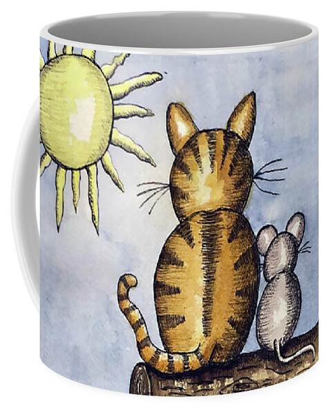 Childrens Art Coffee Mug featuring the painting Cat Mouse Sun by Christina Wedberg