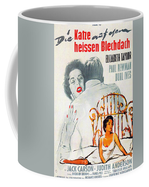 Cat Coffee Mug featuring the mixed media ''Cat on a Hot Tin Roof'', with Elizabeth Taylor and Paul Newman, 1958 by Stars on Art