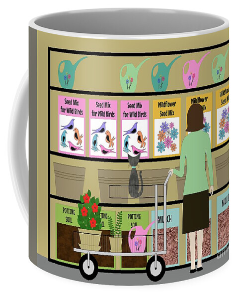 Cat Visits Garden Center Coffee Mug featuring the digital art Cat Wants to Grow Wild Birds by Donna Mibus