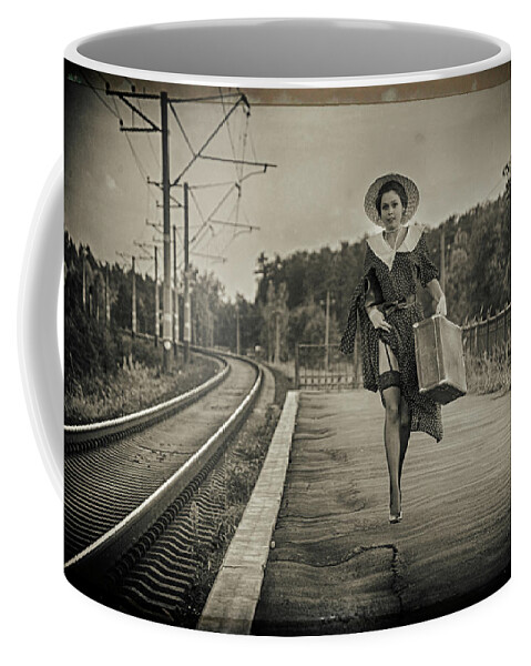 #instagram #edwardgalagan #edward_galagan #galagan #edgalagan #ed_galagan #eduardgalagan #eduard_galagan #nederland #netherlands #dutch #holland #veldhoven #eindhoven #artgallery #rush #artphotography #artphoto #professionalphotography #bestsphotographer #bestphotography #railway #hat #rails #fashion #sleepers #train #pinup #trainstation #suitcase Coffee Mug featuring the digital art Catch up with the departing train. by Edward Galagan