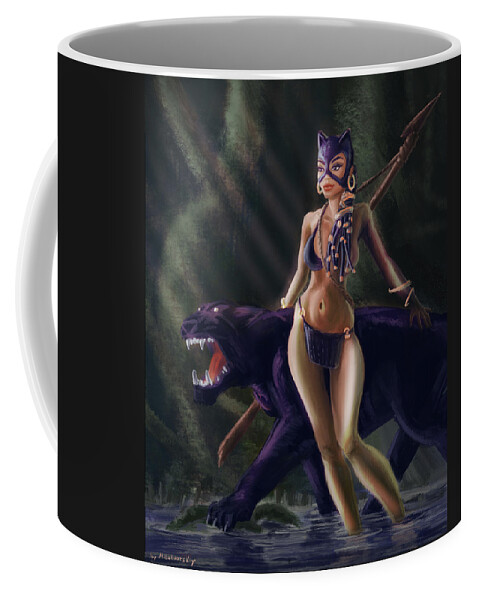 Feminist Art Coffee Mug featuring the digital art Catwoman cosplay Virago Amazon black Panther Bagheera Feminist art Jungle wallpaper Erotic nudity by Michael Milotvorsky
