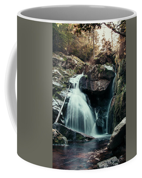 Jizera Mountains Coffee Mug featuring the photograph Cerny potok waterfall in Jizera mountains at sunset by Vaclav Sonnek