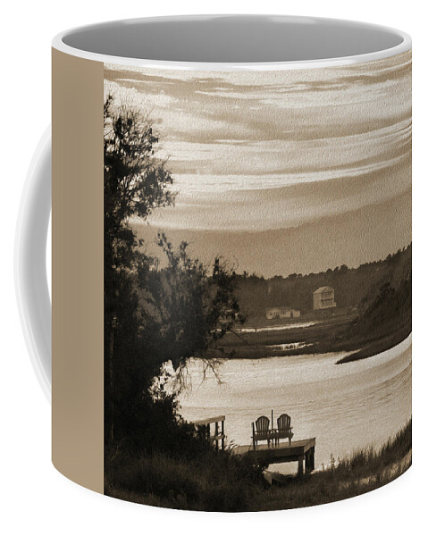 Beach Scene Coffee Mug featuring the photograph Chairs on a Dock by Mike McGlothlen