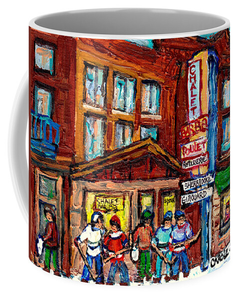 Hockey Coffee Mug featuring the painting Chalet Bar B Q Ndg Landmark Sherbrooke And Girouard C Spandau Original Hockey Art Painting For Sale by Carole Spandau