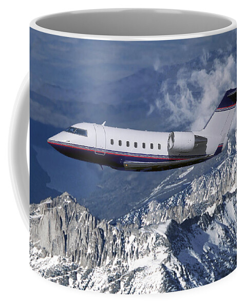 Challenger Business Jet Coffee Mug featuring the mixed media Challenger Corporate Jet over Snowcapped Mountains by Erik Simonsen