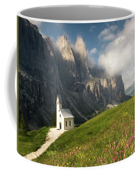 Alpine Coffee Mug featuring the photograph Chapel of St Maurice, Passo Gardena, Dolomites, Italy by Sarah Howard