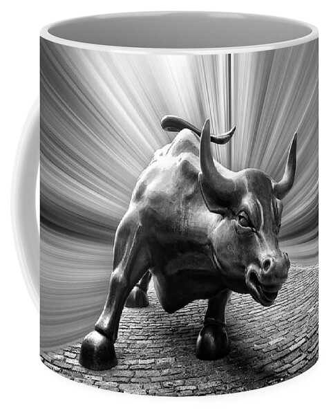 Charging Wall Street Bull B-w Coffee Mug featuring the photograph Charging Wall Street Bull B-W by Wes and Dotty Weber