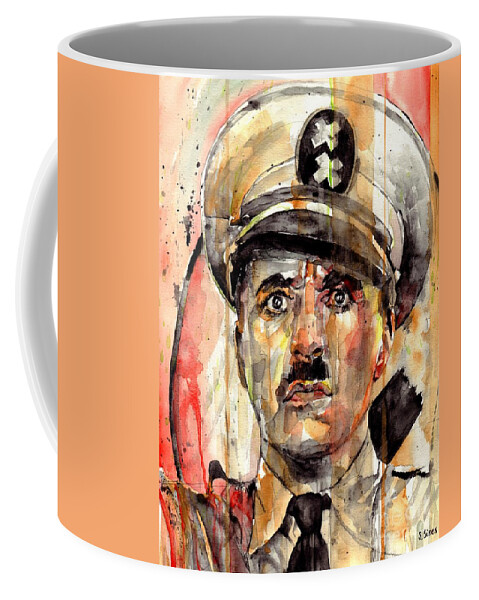 Charlie Chaplin Coffee Mug featuring the painting Charlie Chaplin - The Great Dictator by Suzann Sines