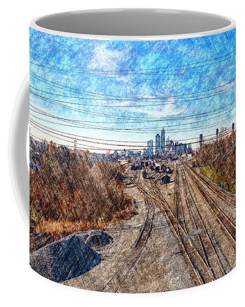 Charlotte-architecture-photography Coffee Mug featuring the digital art Charlotte Skyline from Matheson Bridge by SnapHappy Photos