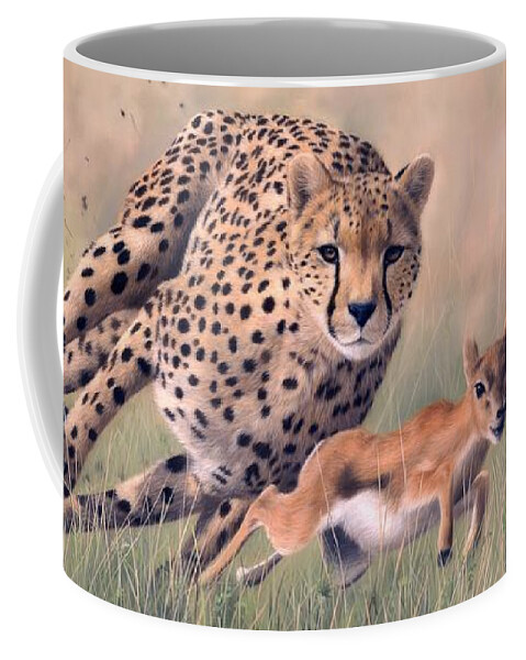 Cheetah Coffee Mug featuring the painting Cheetah and Gazelle Painting by Rachel Stribbling
