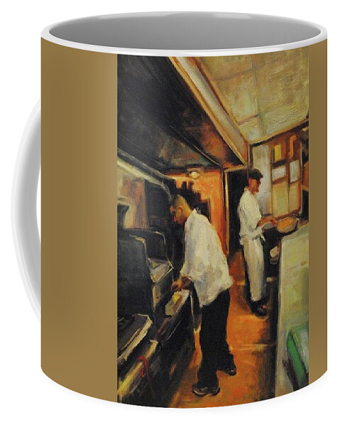Impressionist Oil Painting Coffee Mug featuring the painting Chefs at work by Ashlee Trcka